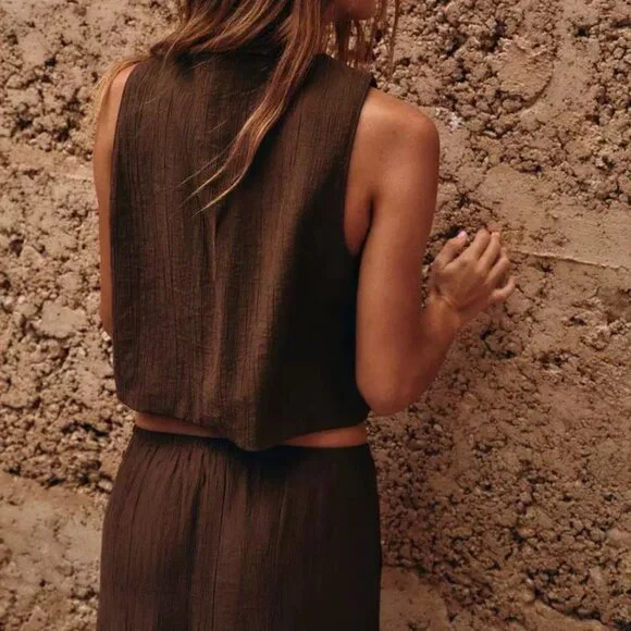 Zara Textured Tie-Front Cropped Vest Top - Brown - Size Small - Picture 4 of 5